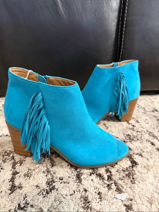 Shoes - Turquoise Fringe Peep-Toe Ankle Boots - Women's